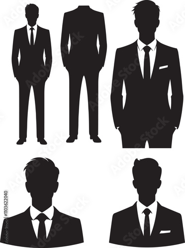 Black silhouette business people icons, businessmen in suits, standing together, teamwork symbol