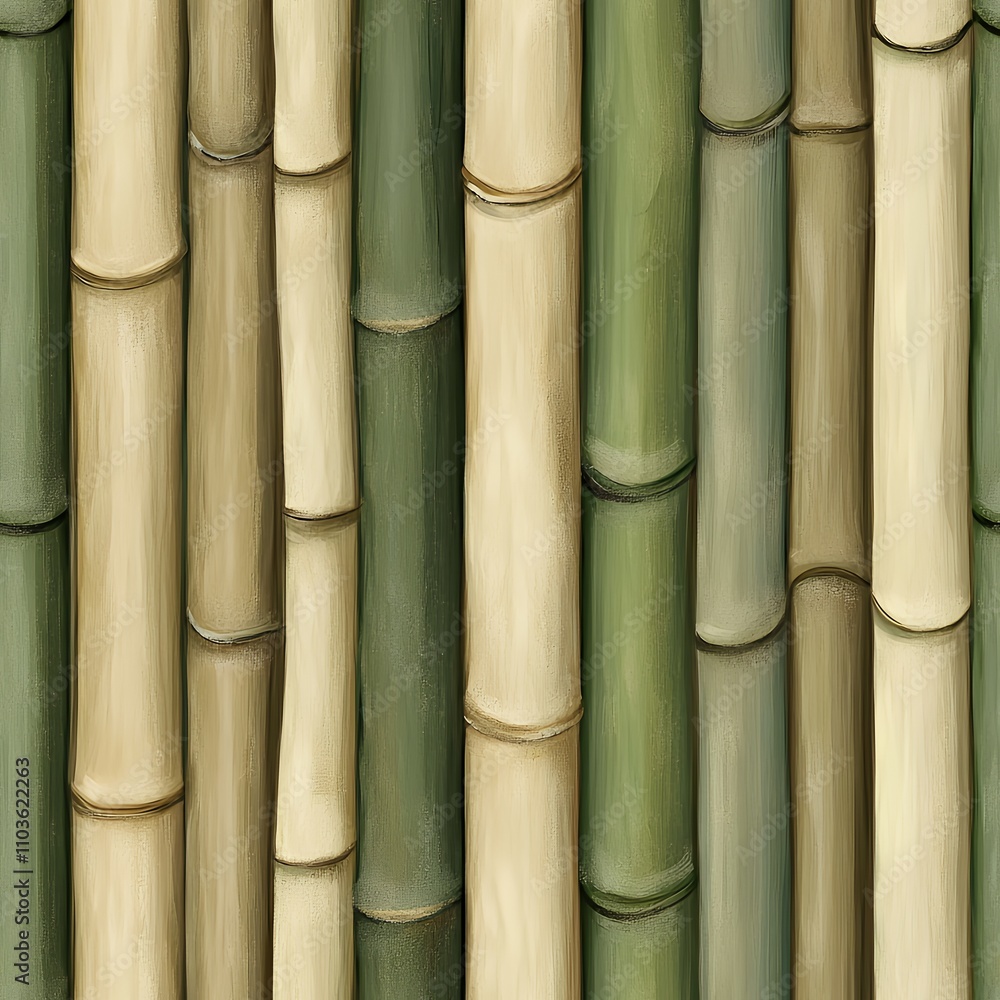Fototapeta premium A textured pattern of bamboo stalks arranged vertically in various shades of green and beige.