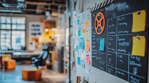  Modern cinema office whiteboard displays hand-drawn film reels, clapperboards, and brainstorming notes outlining schedules and showtimes. photo