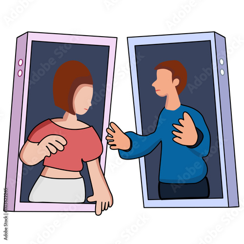 Man and woman on Mobile Phone. Dating applications concept. vector illustration. 