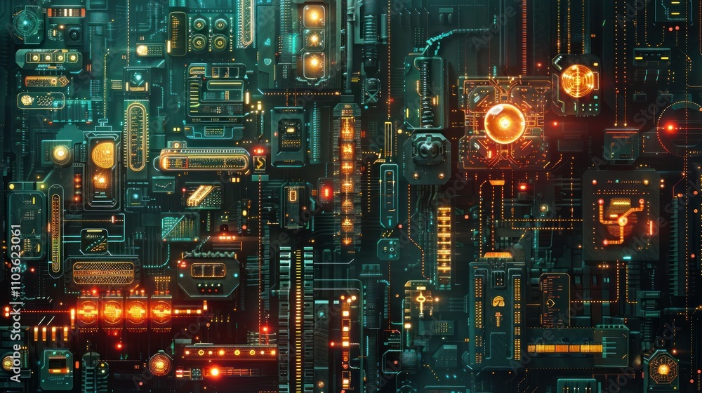 Abstract digital circuitry with glowing elements, representing technology and innovation. Abstract digital circuitry with glowing elements, representing technology and innovation.