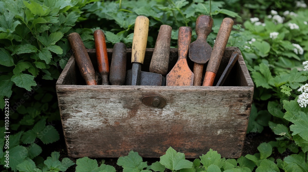 A weathered wooden toolbox filled with rustic gardening tools rests amidst lush greenery, capturing an aura of timeless craftsmanship and earthy simplicity. A weathered wooden toolbox filled with rustic gardening tools rests amidst lush greenery, capturing an aura of timeless craftsmanship and earthy simplicity.