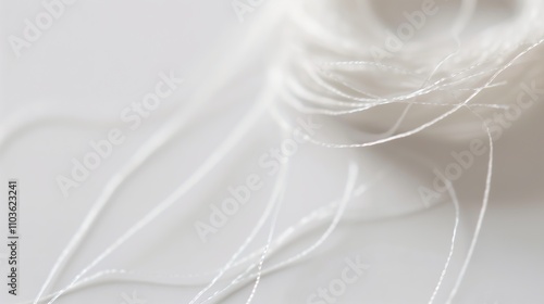 Close-up macro detail of dental floss string texture on white surface. Dentistry, oral care products, healthy lifestyle,health magazine, teeth cleaning, dental floss brand photo