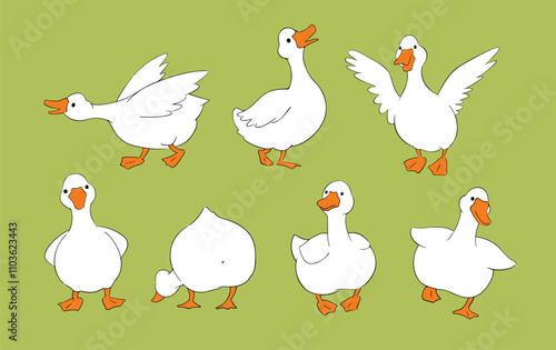 Cute geese set on green background. Quirky goose character vector illustration hand drawn doodle. Funny white ducks running, standing, flapping and spreading wings. Cottage core farm bird mascot. photo