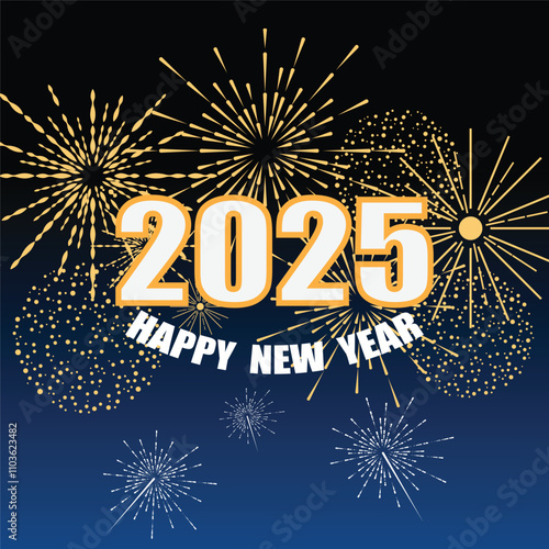 2025 Happy New Year design vector. colorful fireworks and trendy new year 2025 design template. Celebration New Year's Eve. Golden fireworks on dark night sky background. Vector illustration
