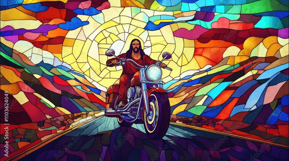 Fototapeta premium Bold stained glass: Jesus on a sleek motorcycle, driving on a scenic road amidst colorful and divine patterns.