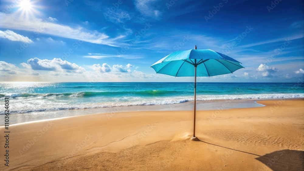 Beautiful sky blue parasol on a sandy beach with ocean in the background, parasol, beach, sky blue, ocean, sand, summer Beautiful sky blue parasol on a sandy beach with ocean in the background, parasol, beach, sky blue, ocean, sand, summer