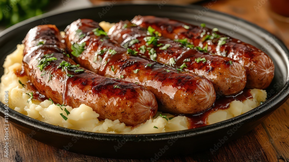 Boiled sausages served on mashed potatoes, glossy exteriors beautifully contrast with creamy textured mash. Boiled sausages served on mashed potatoes, glossy exteriors beautifully contrast with creamy textured mash.