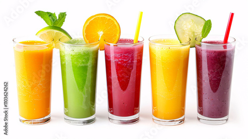 Set of fresh smoothies against a white background.