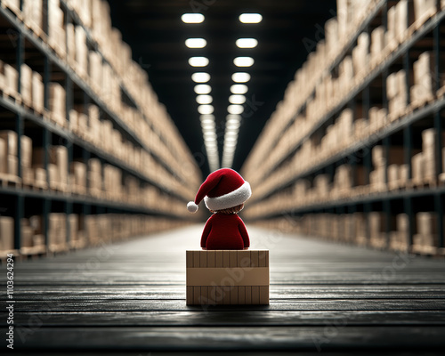 A festive figure in a red Santa hat stands atop a box in a warehouse aisle filled with stacked packages, evoking holiday spirit. photo