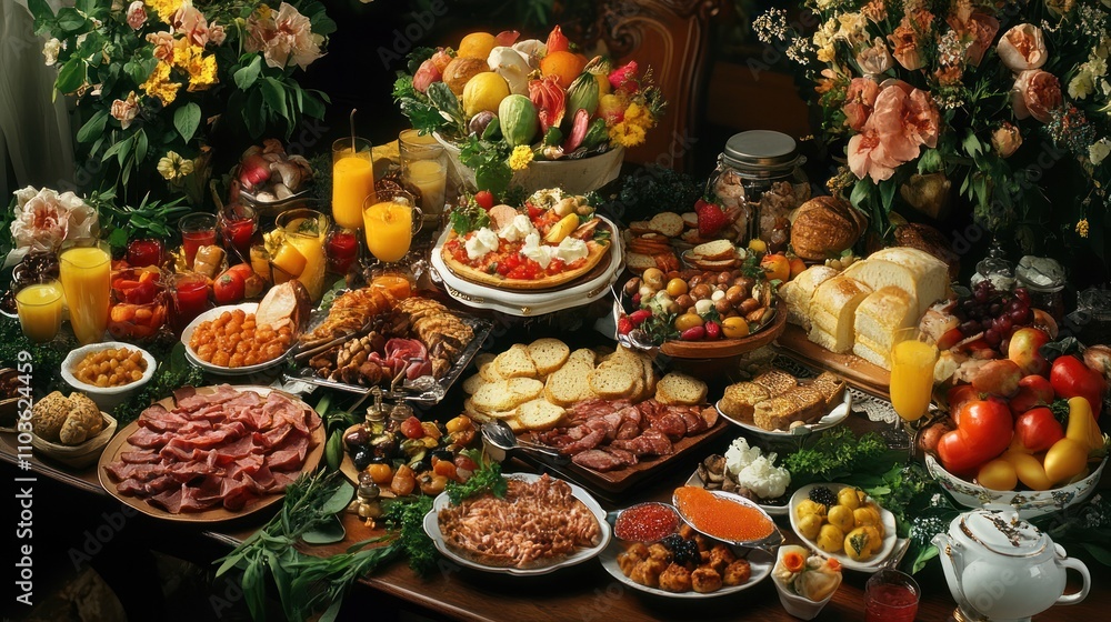 BREAKFAST BUFFET TABLE FULL OF VARIOUS FOODS BREAKFAST BUFFET TABLE FULL OF VARIOUS FOODS