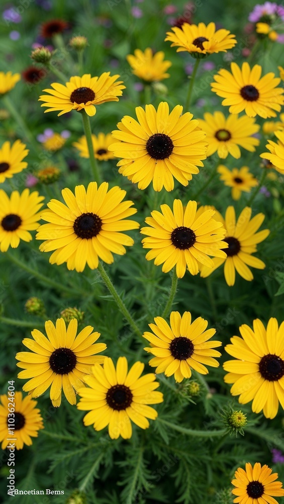 Black eyed Susan Bright yellow daisy like perennial flowers with dark centers common in meadows and gardens Black eyed Susan Bright yellow daisy like perennial flowers with dark centers common in meadows and gardens