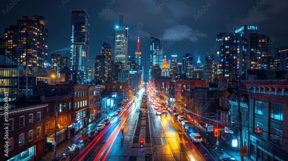 Obraz premium A vibrant cityscape at night, showcasing illuminated skyscrapers and light trails from traffic.