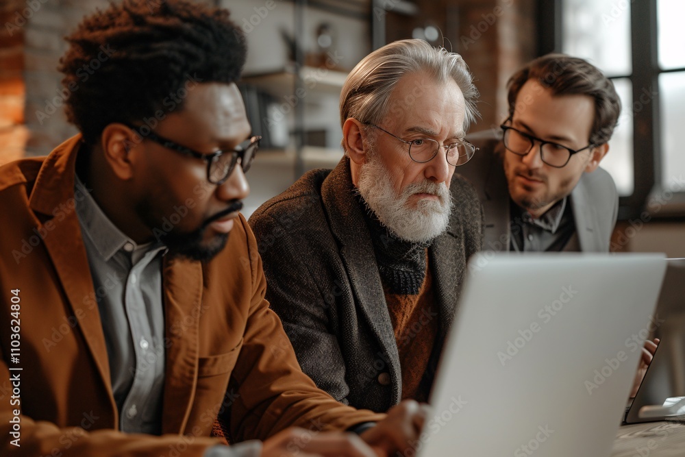 A professional group of diverse businessmen collaborating intently over a laptop in a modern office setting, emphasizing teamwork and innovation. A professional group of diverse businessmen collaborating intently over a laptop in a modern office setting, emphasizing teamwork and innovation.