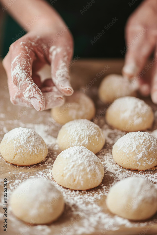 Hands preparing dough balls, dusted with flour, showcasing the art of baking. Ideal for culinary and lifestyle themes. Hands preparing dough balls, dusted with flour, showcasing the art of baking. Ideal for culinary and lifestyle themes.