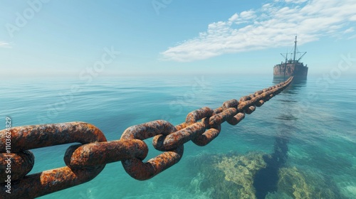 A long rusted chain lies taut across the ocean, linking to a distant, decayed ship framed by a vivid, cloudless sky