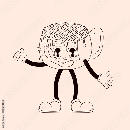 Smiling groovy cup character with topping drizzle with thumbs up in line art style. Fun and quirky design for playful, retro and creative concept.