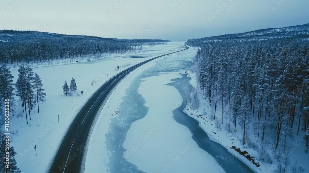 A bridge spanning a frozen river, viewed from above in a winter setting.
A bridge spanning a frozen river, viewed from above in a winter setting.