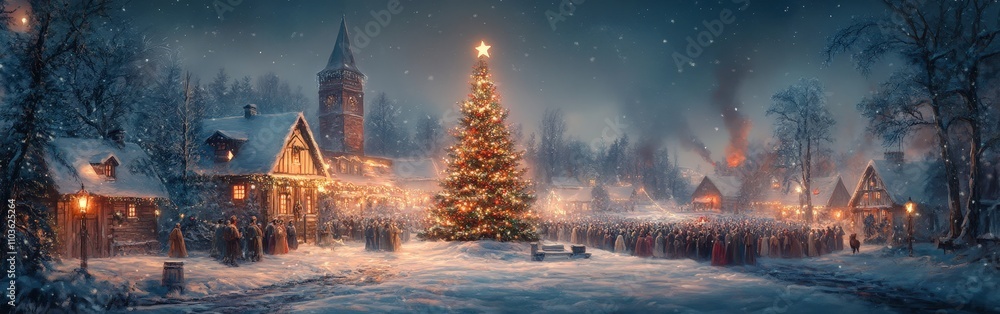 Winter Wonderland Scene with Christmas Tree and Snow-Covered Village Winter Wonderland Scene with Christmas Tree and Snow-Covered Village