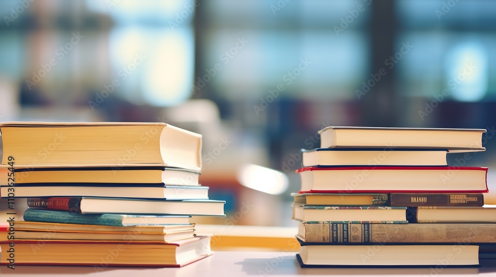 Several stacks of colorful books on a table and bookshelf with blurred library or bookstore background Several stacks of colorful books on a table and bookshelf with blurred library or bookstore background