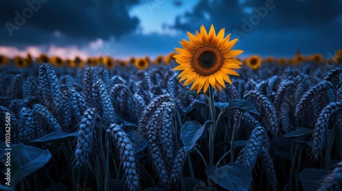 A radiant sunflower framed by a field of ripened wheat.