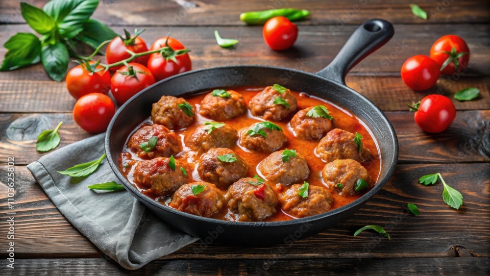 Meatballs simmering in tomato sauce in a cast iron skillet, meatballs, tomato sauce, skillet, cooking, homemade Meatballs simmering in tomato sauce in a cast iron skillet, meatballs, tomato sauce, skillet, cooking, homemade