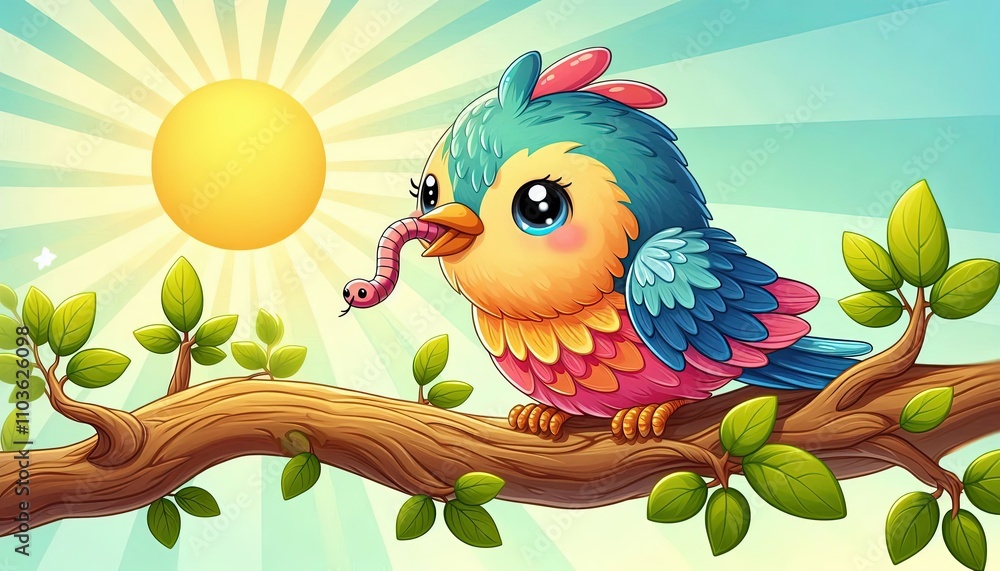 Little Bird Catching Worm In Morning Art Little Bird Catching Worm In Morning Art