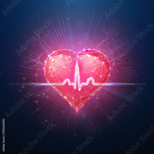 Abstract illustration of low poly red heart with pulse wave cardiogram. Blue geometric background depicting heart healthcare medicine concept by wireframe connection structure