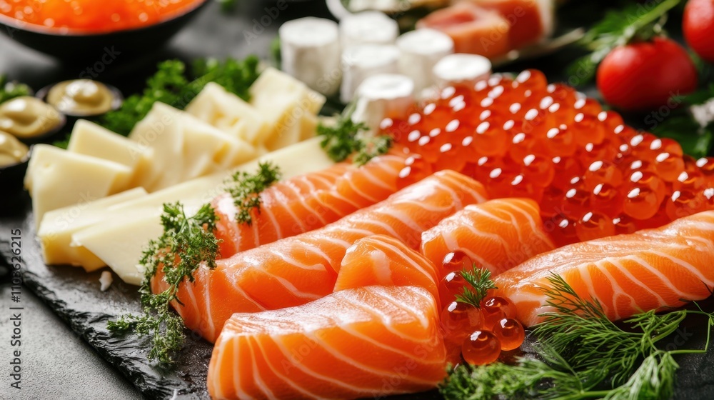 A refined spread of salmon, caviar, and cheese, arranged with fresh herbs and decorative elements for an elegant party. A refined spread of salmon, caviar, and cheese, arranged with fresh herbs and decorative elements for an elegant party.