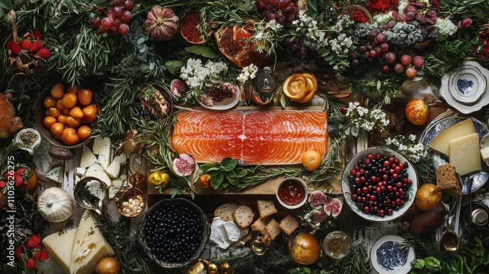 A refined spread of salmon, caviar, and cheese, arranged with fresh herbs and decorative elements for an elegant party. A refined spread of salmon, caviar, and cheese, arranged with fresh herbs and decorative elements for an elegant party.