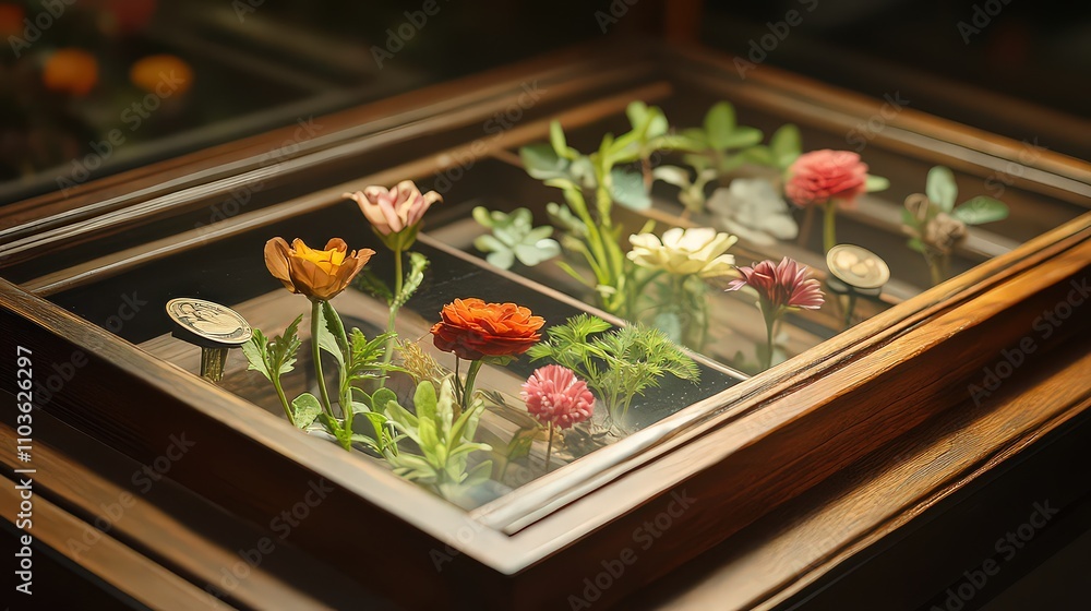 Display case featuring delicate, preserved flowers arranged in rows, symbolizing botanical beauty, artful preservation, and appreciation of nature. Display case featuring delicate, preserved flowers arranged in rows, symbolizing botanical beauty, artful preservation, and appreciation of nature.