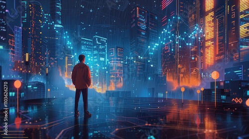 A futuristic cityscape with glowing skyscrapers and a figure contemplating the digital world.