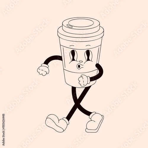 Cheerful groovy coffee cup character with an energetic walk and a playful expression. Ideal line art cartoon design for vintage poster.