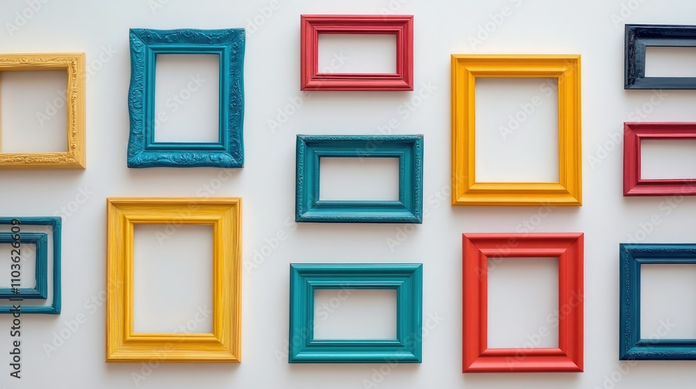 Brightly painted empty frames forming a collage on a white wall, representing diverse perspectives in society Brightly painted empty frames forming a collage on a white wall, representing diverse perspectives in society
