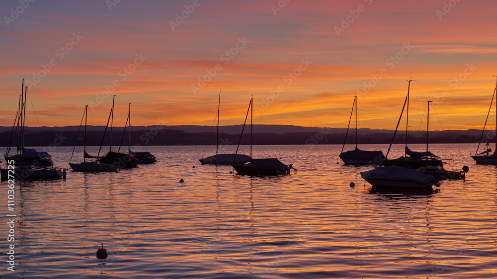 Bodensee Lake Sunset Panorama. Evening Sunlight Over Tranquil Waters. Sunset Vista at Lake Bodensee in Germany. Bodensee Lake Sunset Panorama. Evening Sunlight Over Tranquil Waters. Sunset Vista at Lake Bodensee in Germany.