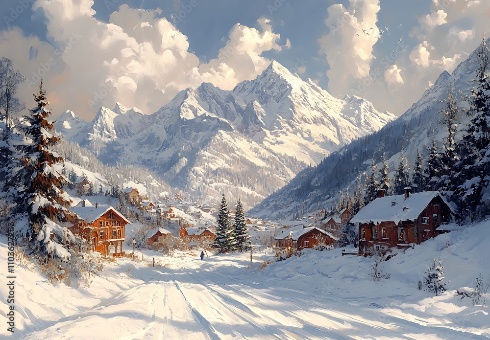 Fototapeta premium snowy mountain landscape with houses and trees