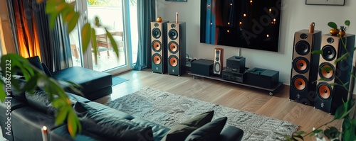 Living room interior with sofa and multimedia sound speaker system in modern home