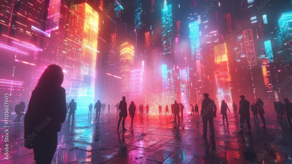 A vibrant, futuristic cityscape filled with colorful lights and silhouettes of people. A vibrant, futuristic cityscape filled with colorful lights and silhouettes of people.