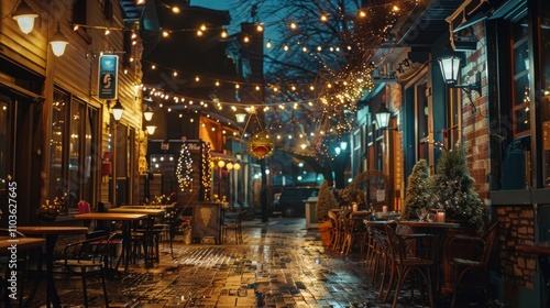 A cozy, illuminated street scene with outdoor dining and festive lights at night.