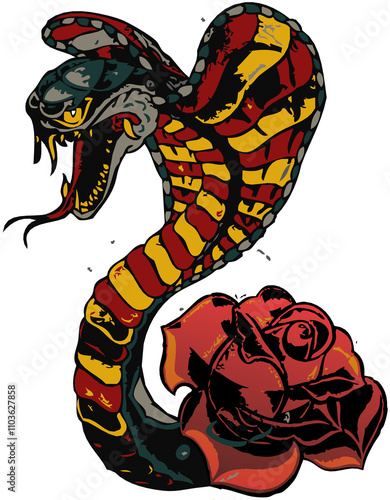 Serpent cobra rose fleur Tattoo old school style tatouage