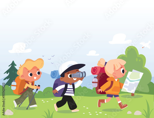 Group of boy girl scouts young tourists traveling kids walking by pathway through valley with travel bag backpacks and map, walking by route on vacation trip. Travelers collection. Hiker traveler