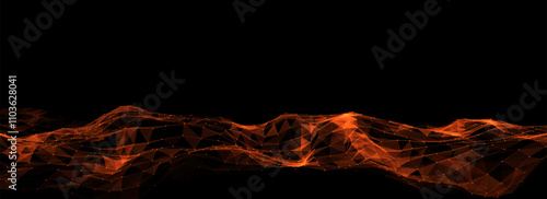 Vector orange wave with motion dots and lines. Abstract digital background. Concept connection big data. Futuristic technology backdrop.