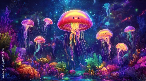 Cheerful jellyfish with smiling faces drifting in a vibrant underwater world of rainbow plants and glowing coral