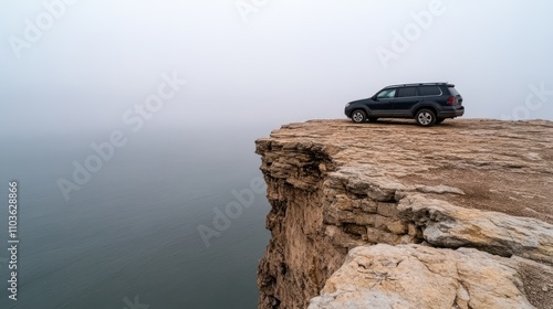 An SUV teeters on the brink of a rugged cliff, the vast expanse of the misty horizon adding tension and drama.