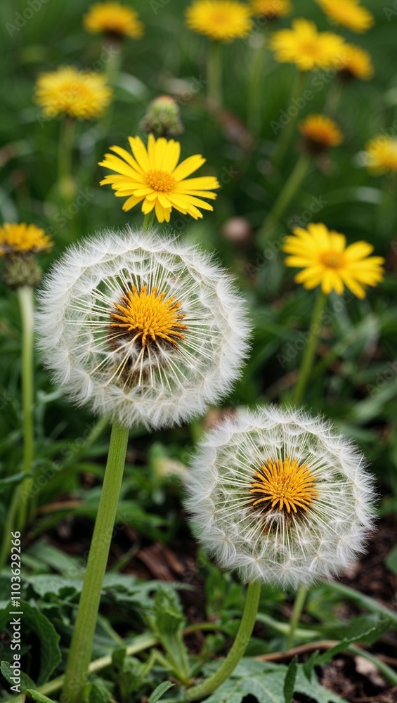 Dandelion Common herbaceous plant with bright yellow flowers that become fluffy seed heads Dandelion Common herbaceous plant with bright yellow flowers that become fluffy seed heads