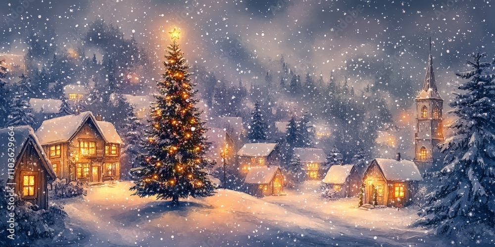Christmas Wonderland Scene with Tree and Snowy Village Christmas Wonderland Scene with Tree and Snowy Village