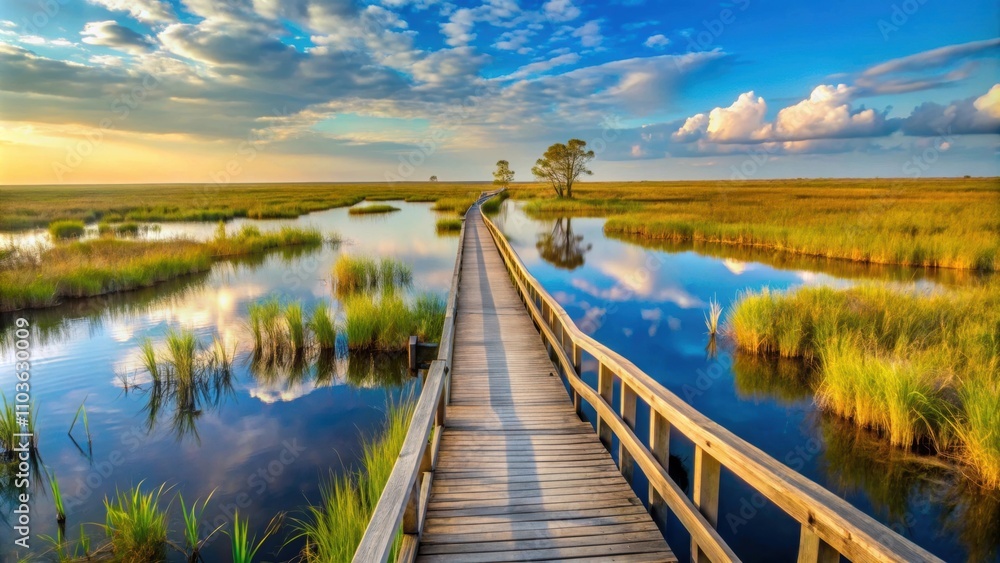Fototapeta premium Boardwalk through a serene marsh in Sabine National Wildlife Refuge, Louisiana, nature, wetland