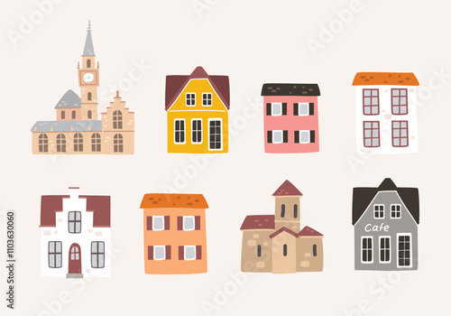 Set of cute cozy vintage houses. Colorful buildings. Gallery of old beautiful european vintage building facades. Old street of european town city with old style houses. Urban landscape. 