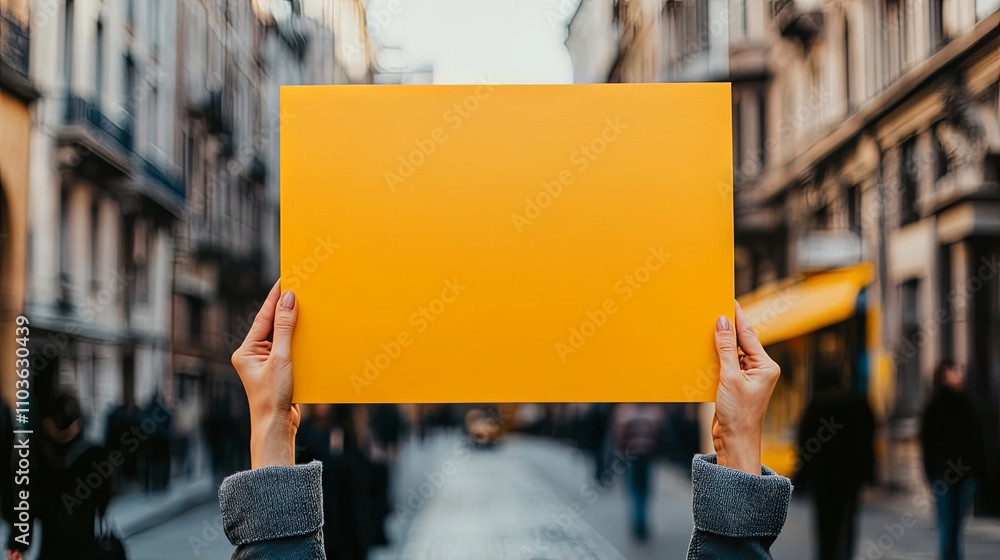 Blank Yellow Protest Sign in City Street