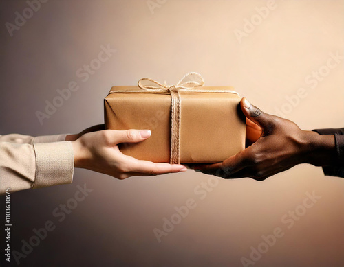 Hands exchanging wrapped gift with twine, concept of giving and receiving presents